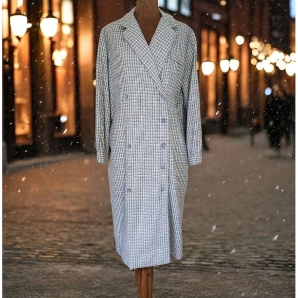 Handmade Jackets & Blazers - Vintage Handmade Plaid Duster Coat Blue Mid Length Pockets Soft Academia Women's